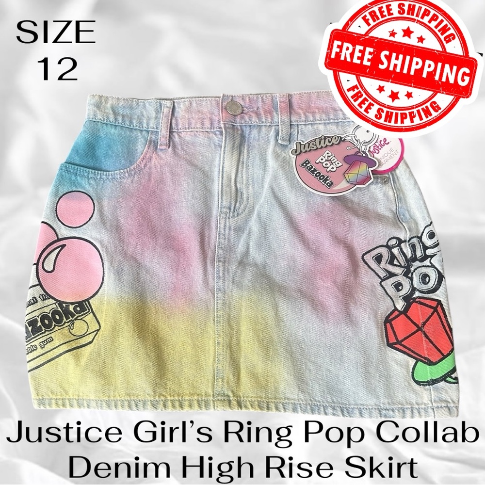 Justice Girls Ring Pop Collab Denim Skirt Size 12 High Rise Skirt FAST SHIPPING